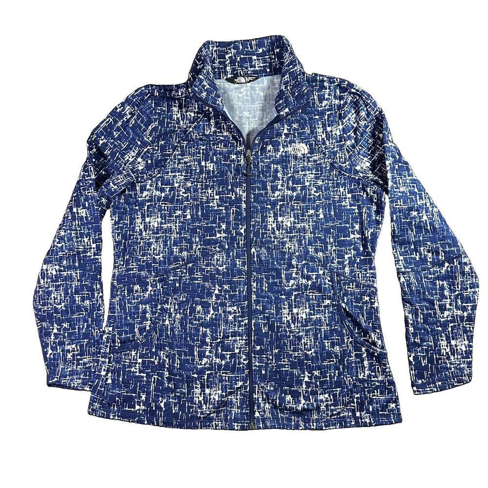 The North Face Women Full Zip Fleece Jacket XL Blue White Abstract Dash Print